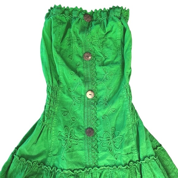 Strapless Green Embroidered Smocked Sundress Dress XS - Picture 6 of 7